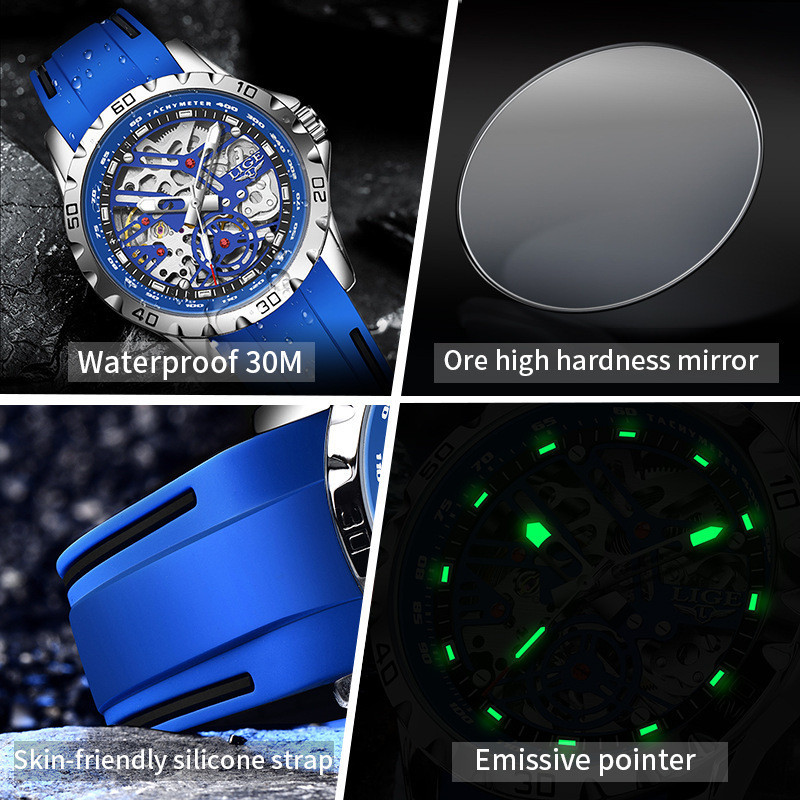 Lige/lige 2023 New Style Hollow Automatic Mechanical Watch Watch Men's Fashion Waterproof Luminous Wrist Watch - Luxury Watches - 5